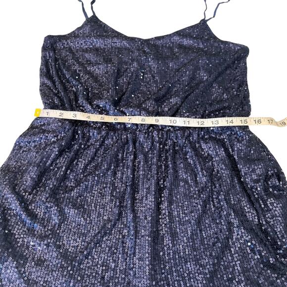 Navy Blue Sequin Knit Romper Woman Size XL Elastic Waist Pockets Lined Clubwear - Picture 10 of 12